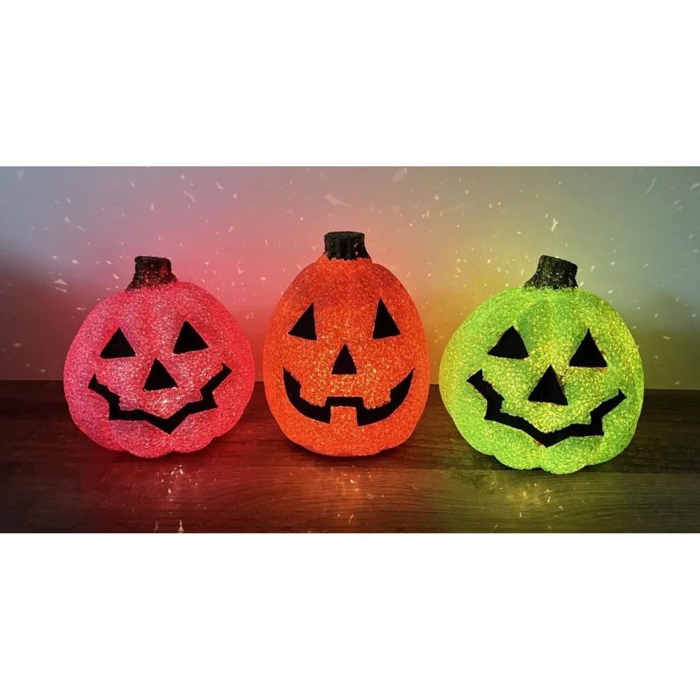 Lot Of 3 Melted Plastic Popcorn Pumpkin Light Up Halloween Decor Pink Green